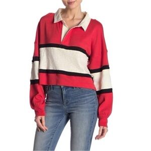 FREE PEOPLE Party Polo Collared Top Cotton Sequins Rugby Shirt Striped Medium
